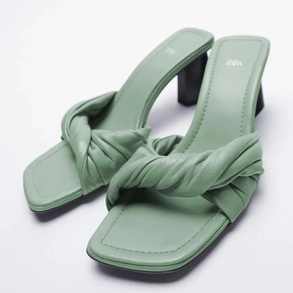 NWT Zara Green Knotted Heel Leather Sandals Size10 - Picture 3 of 8